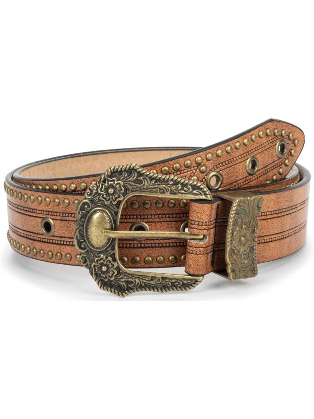 Unisex Brown PU Leather Belt Vintage Western Cowboy Waist Belt Carved Buckle